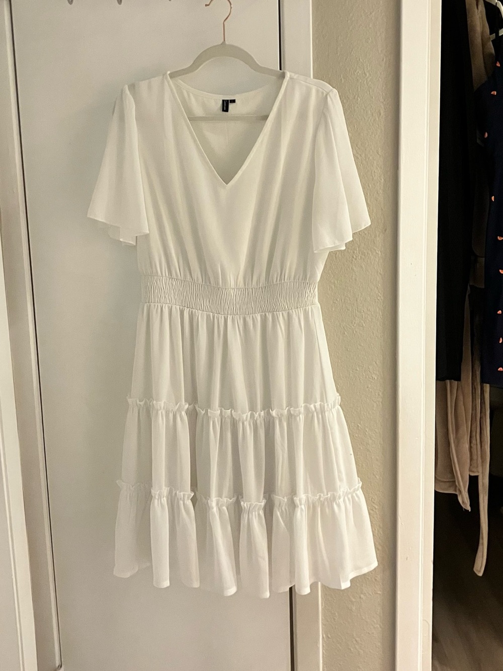 White V-Neck Tiered Midi Dress with Smocked Waist